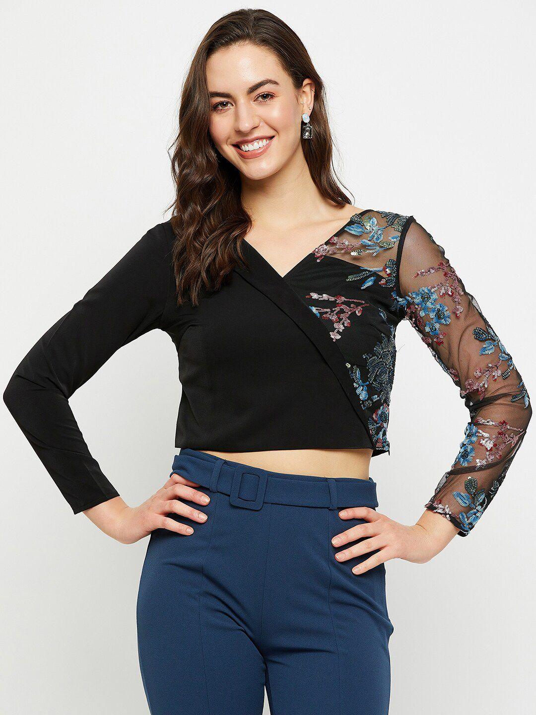 madame sequined semi-sheer party wrap crop top