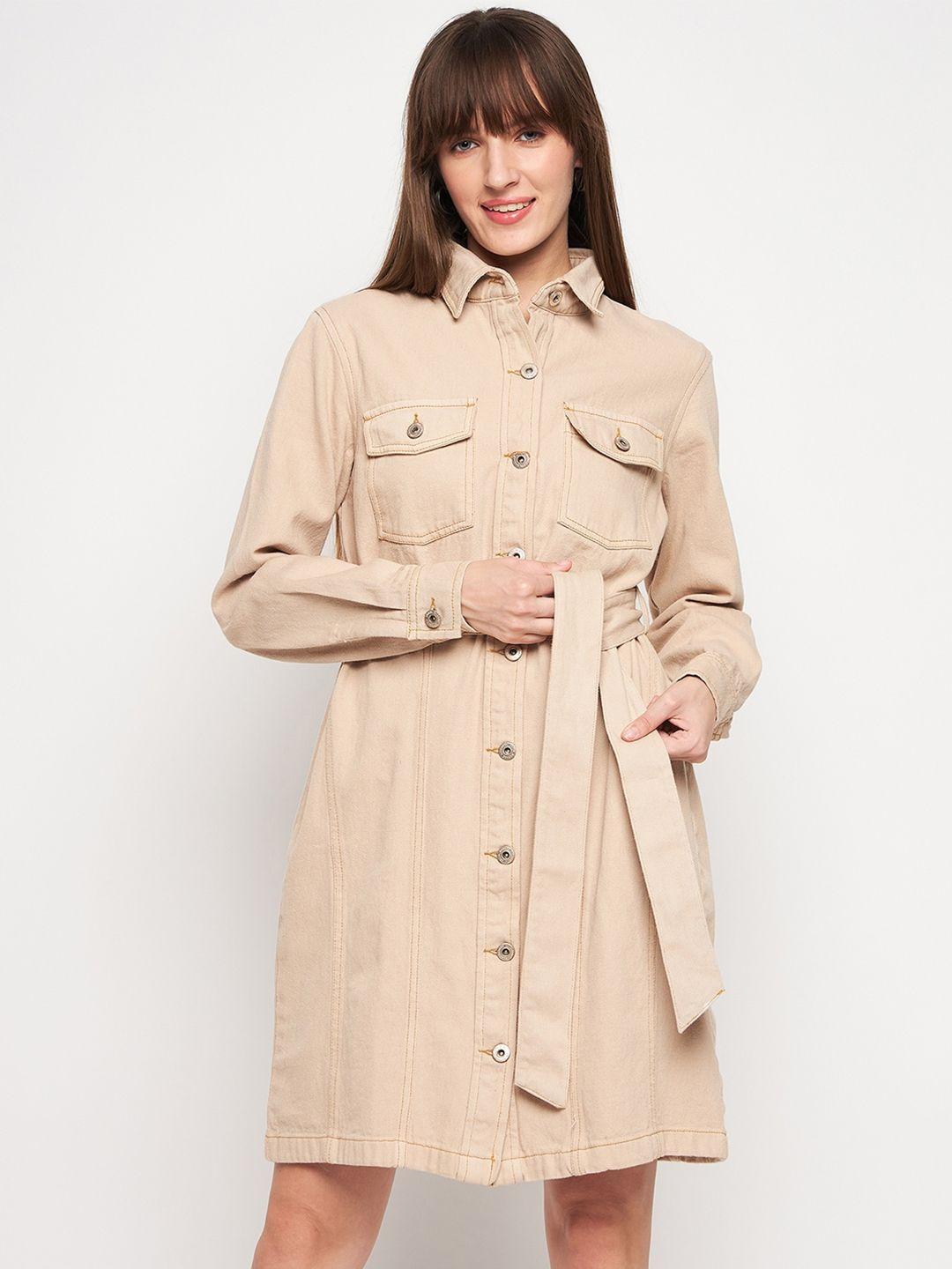 madame shirt collar long cuffed sleeves belted cotton shirt style dress