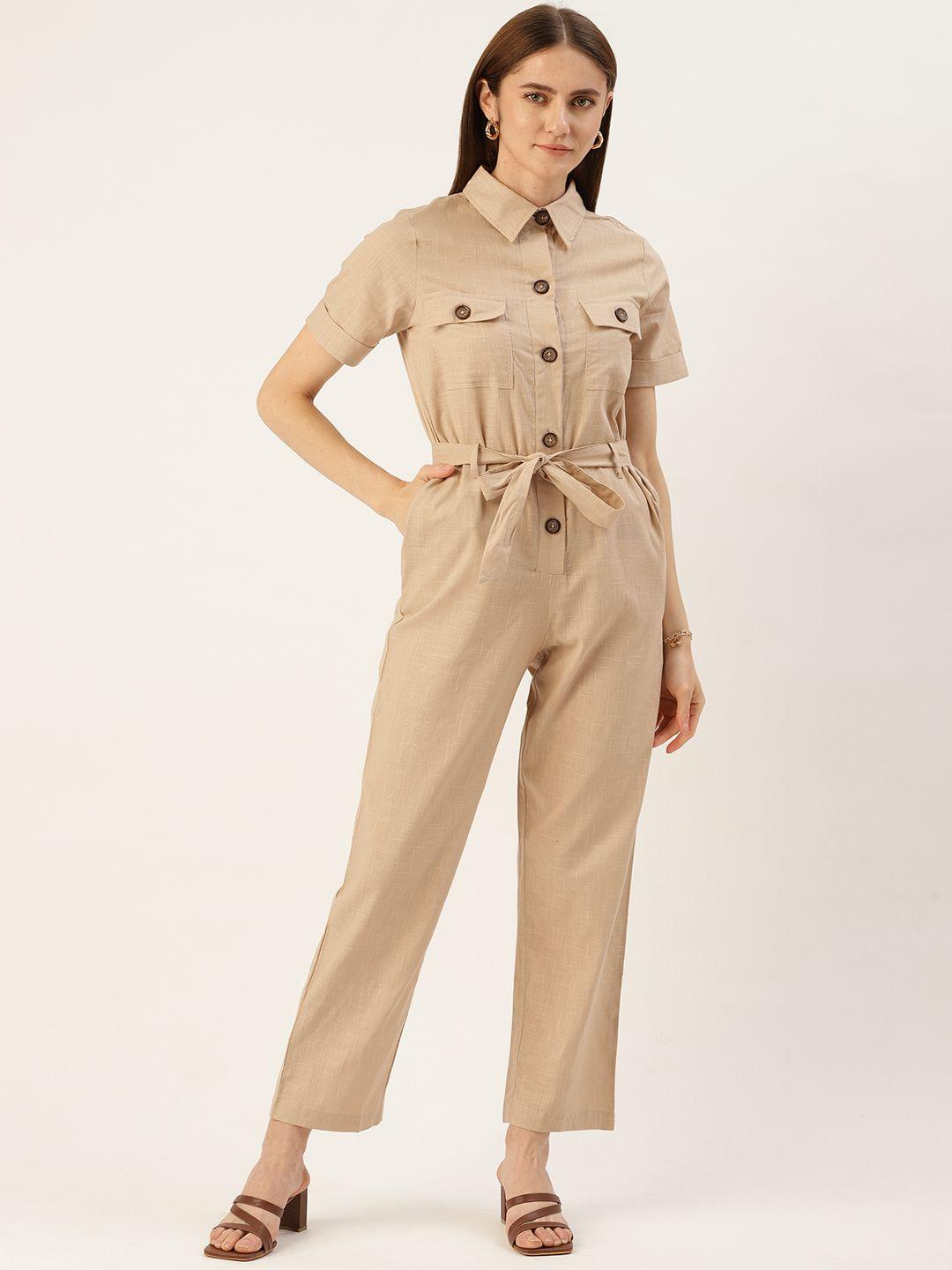 madame shirt collar waist tie-up pure cotton basic jumpsuit