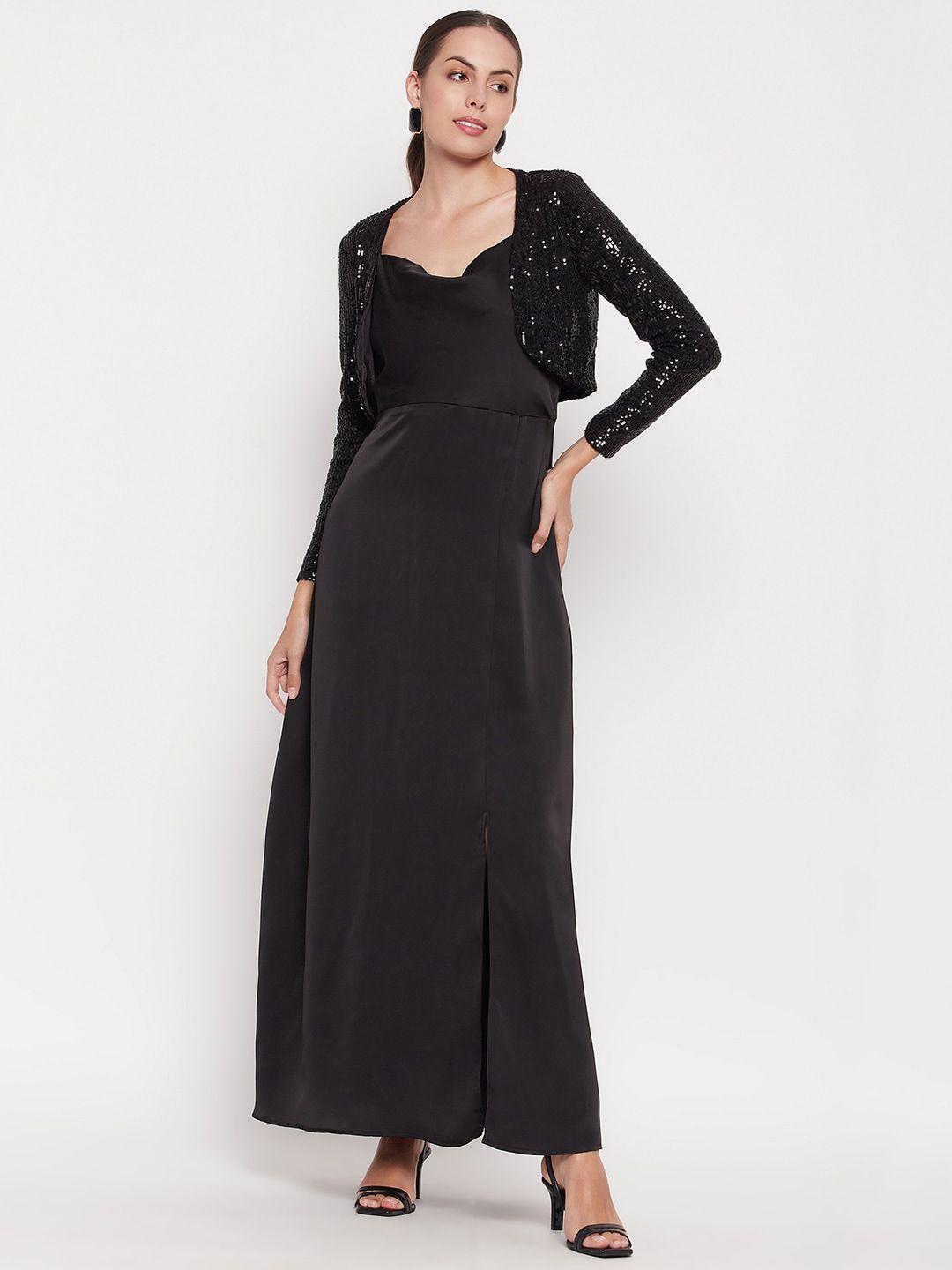 madame shoulder straps sleeveless maxi dress with embellished shrug