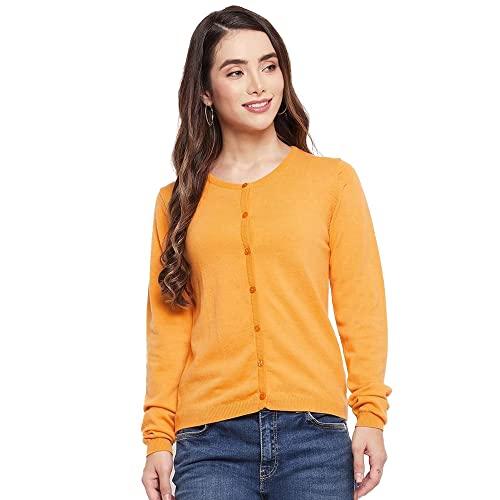 madame solid acrylic round neck womens cardigan (mustard, small)