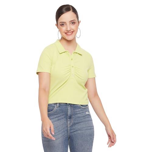 madame solid half sleeve apple green top for women