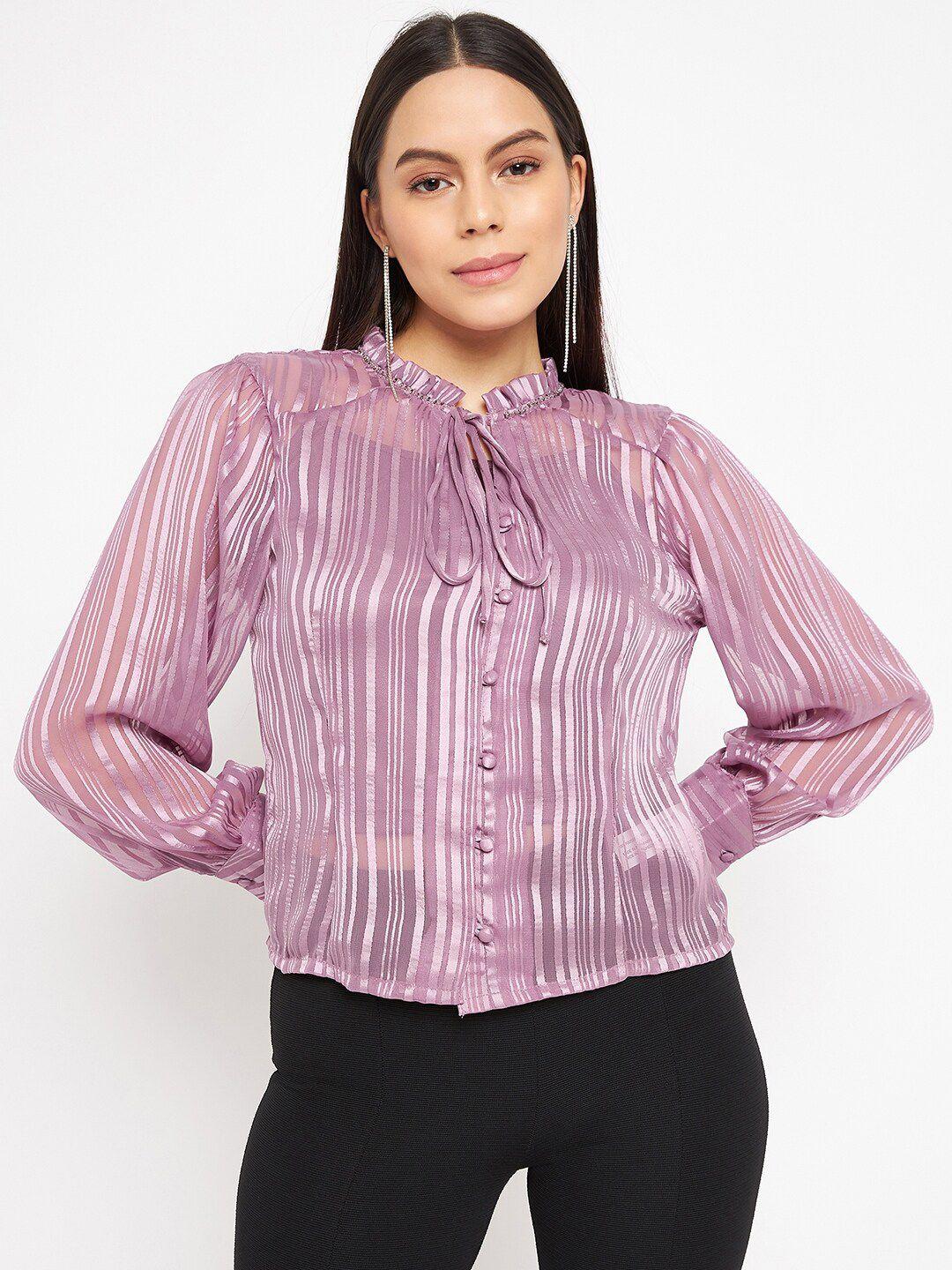 madame striped tie-up neck shirt style top