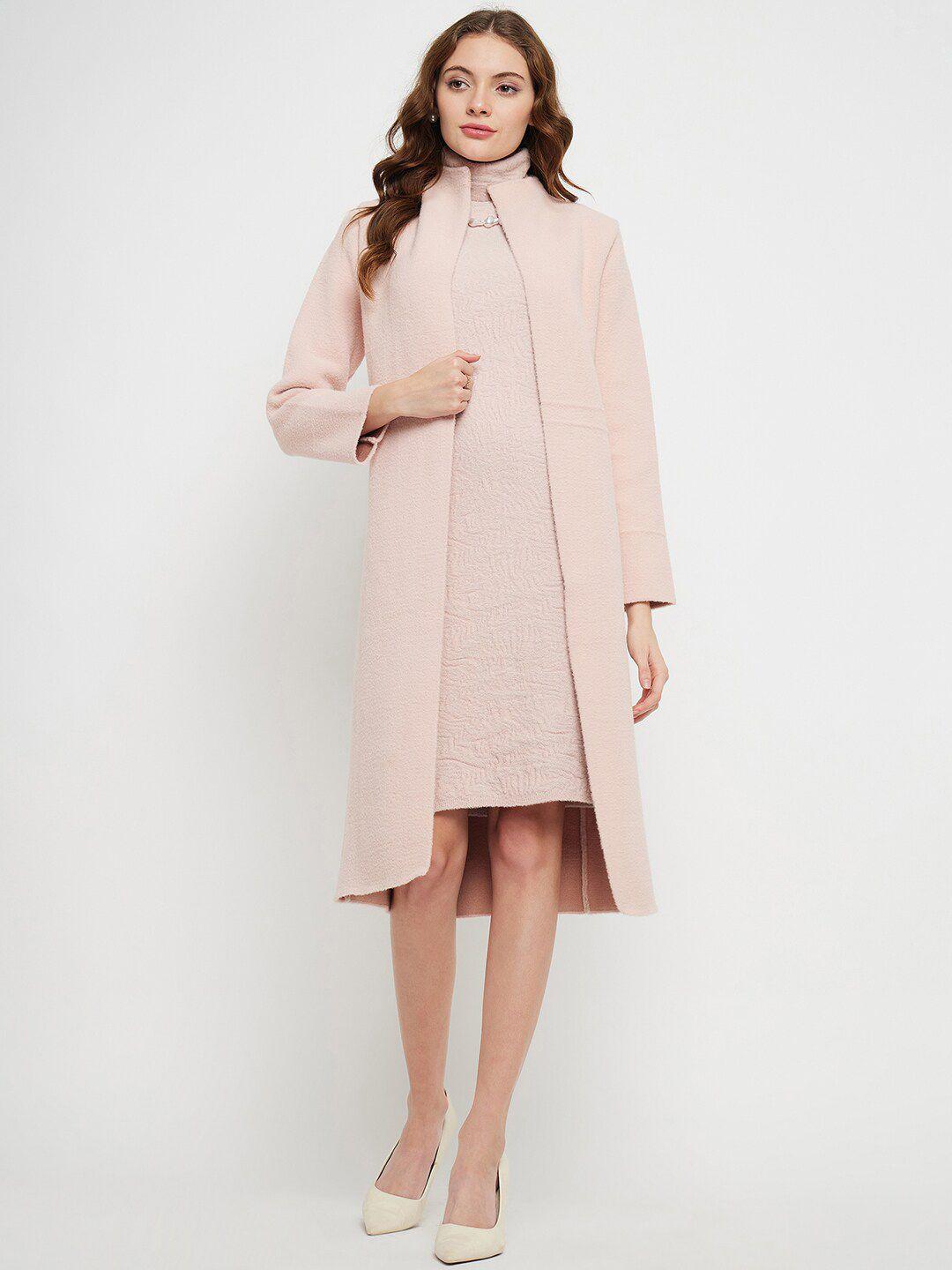 madame textured woolen sheath dress with longline overcoat