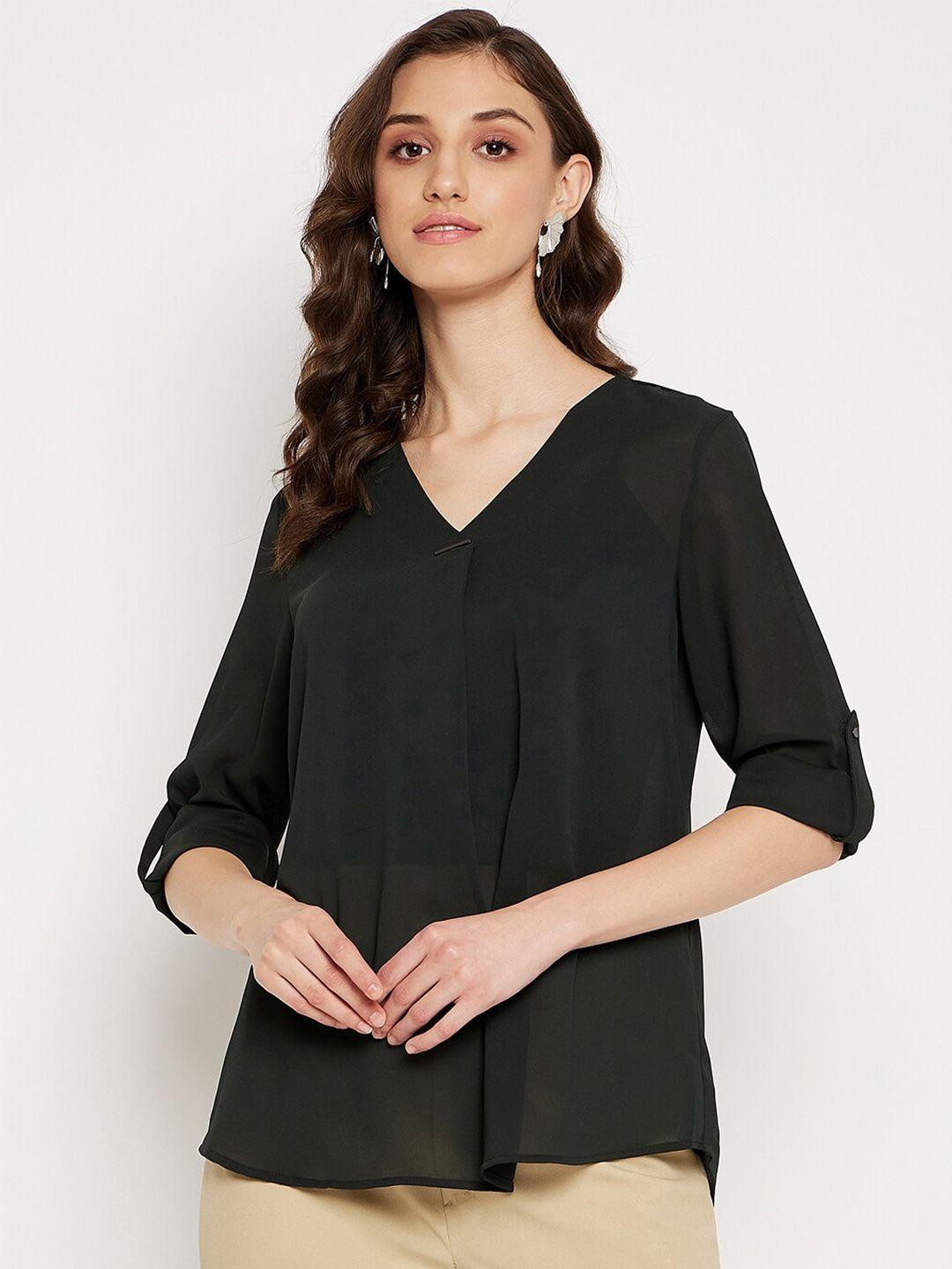 madame v-neck roll-up sleeves semi sheer top