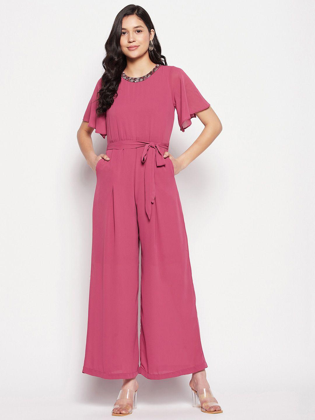 madame waist tie-ups short sleeves basic jumpsuit