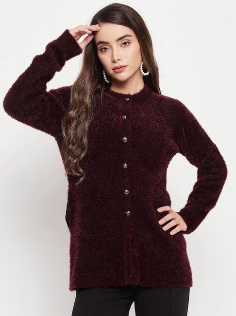 madame wine round neck self design cardigan