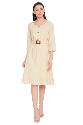 madame women's round neck a-line below the knee casual dress with solid waist belt beige