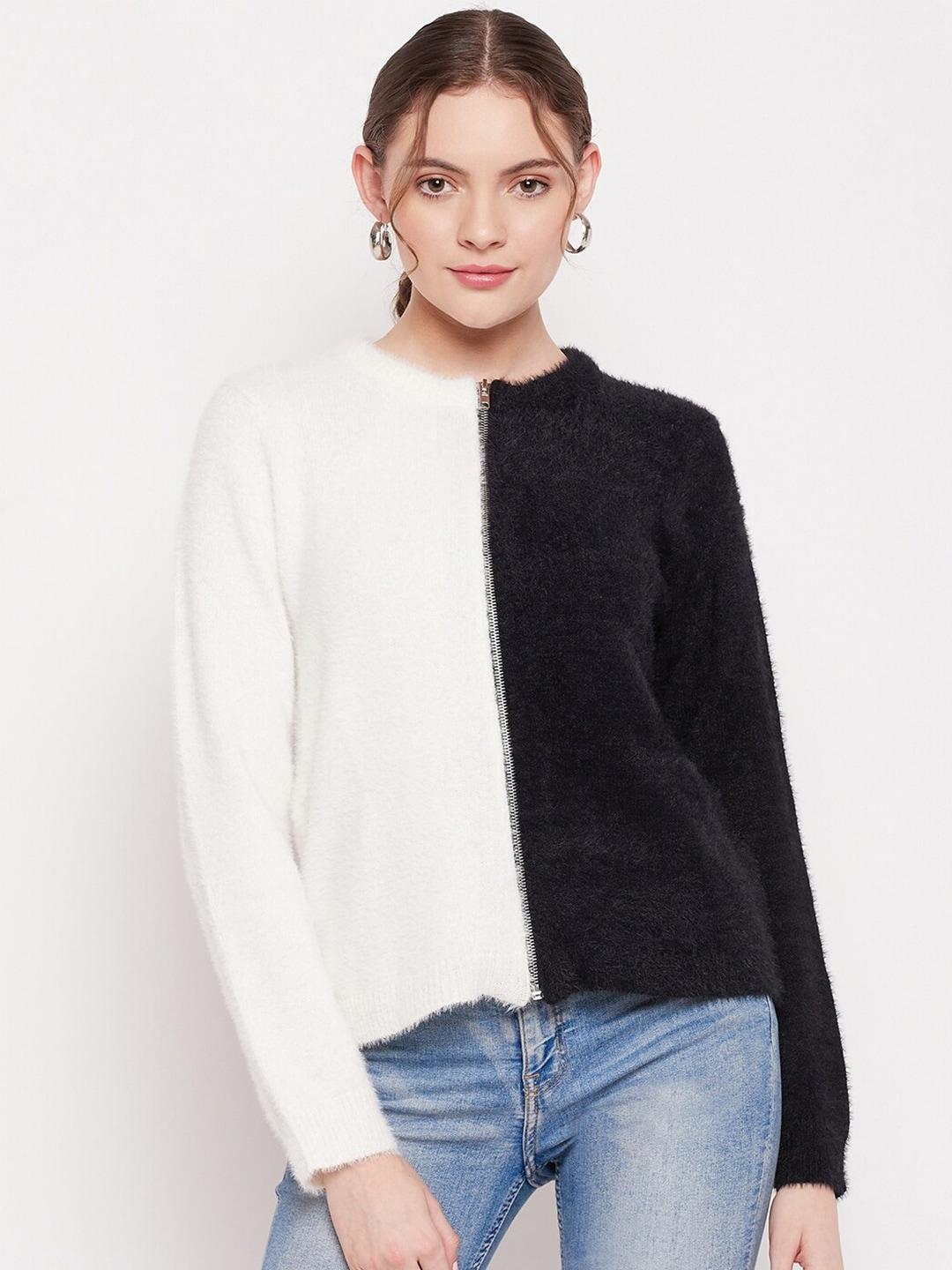 madame women black & white colourblocked front open sweater