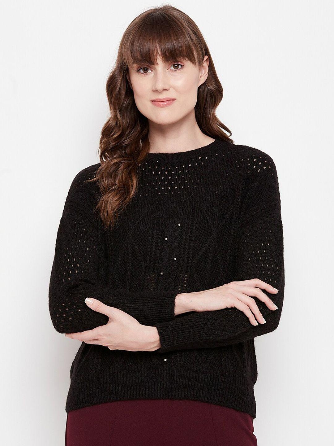 madame women black woolen cable knit cardigan