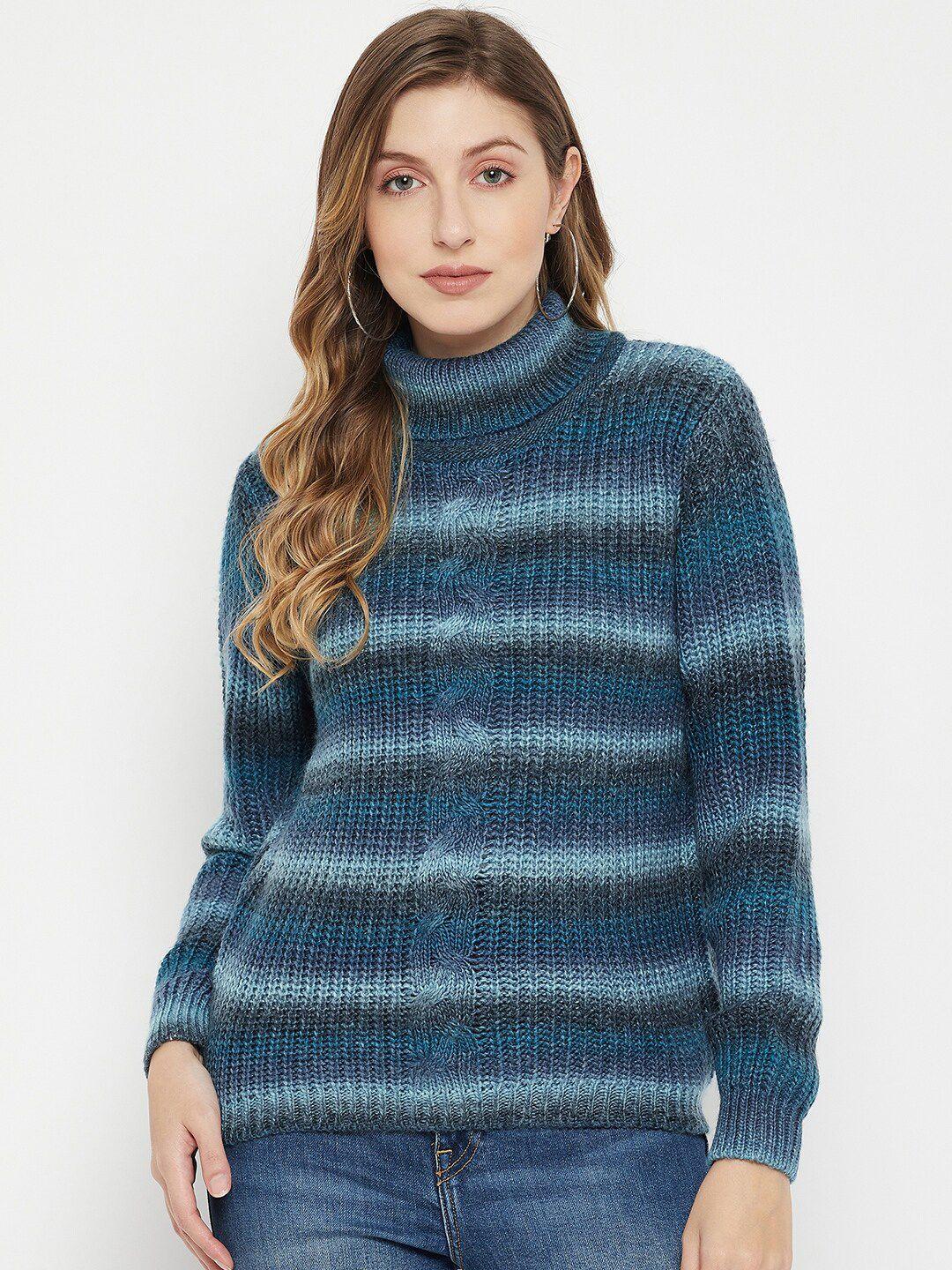 madame women blue & grey striped turtle neck pullover