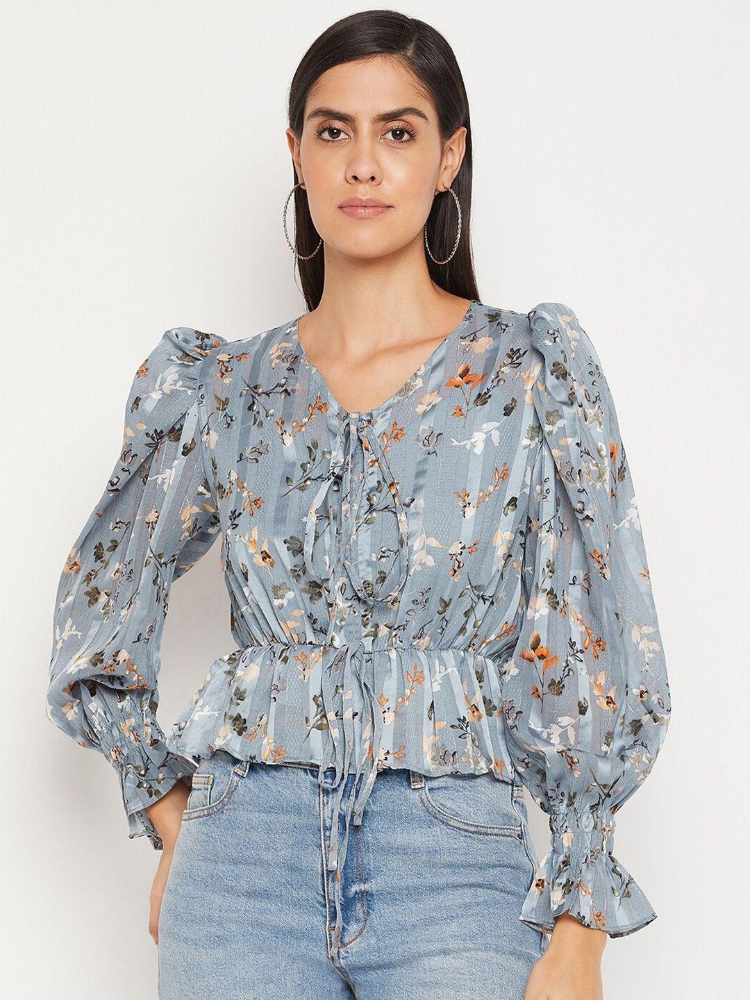 madame women blue floral print v-neck cinched waist top