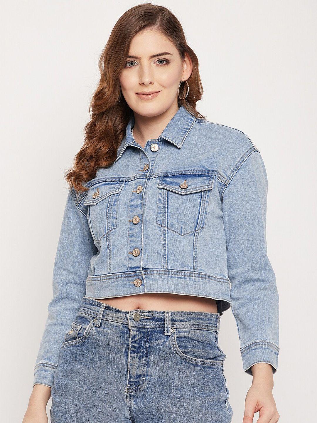 madame women blue solid crop denim jacket