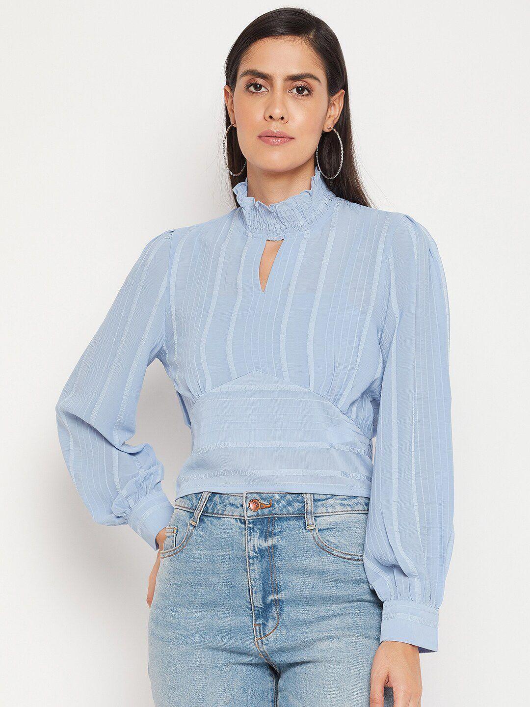 madame women blue striped cuffed sleeves keyhole neck top