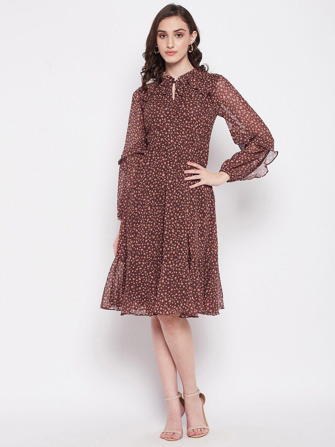 madame women brown floral printed tie-up neck dress