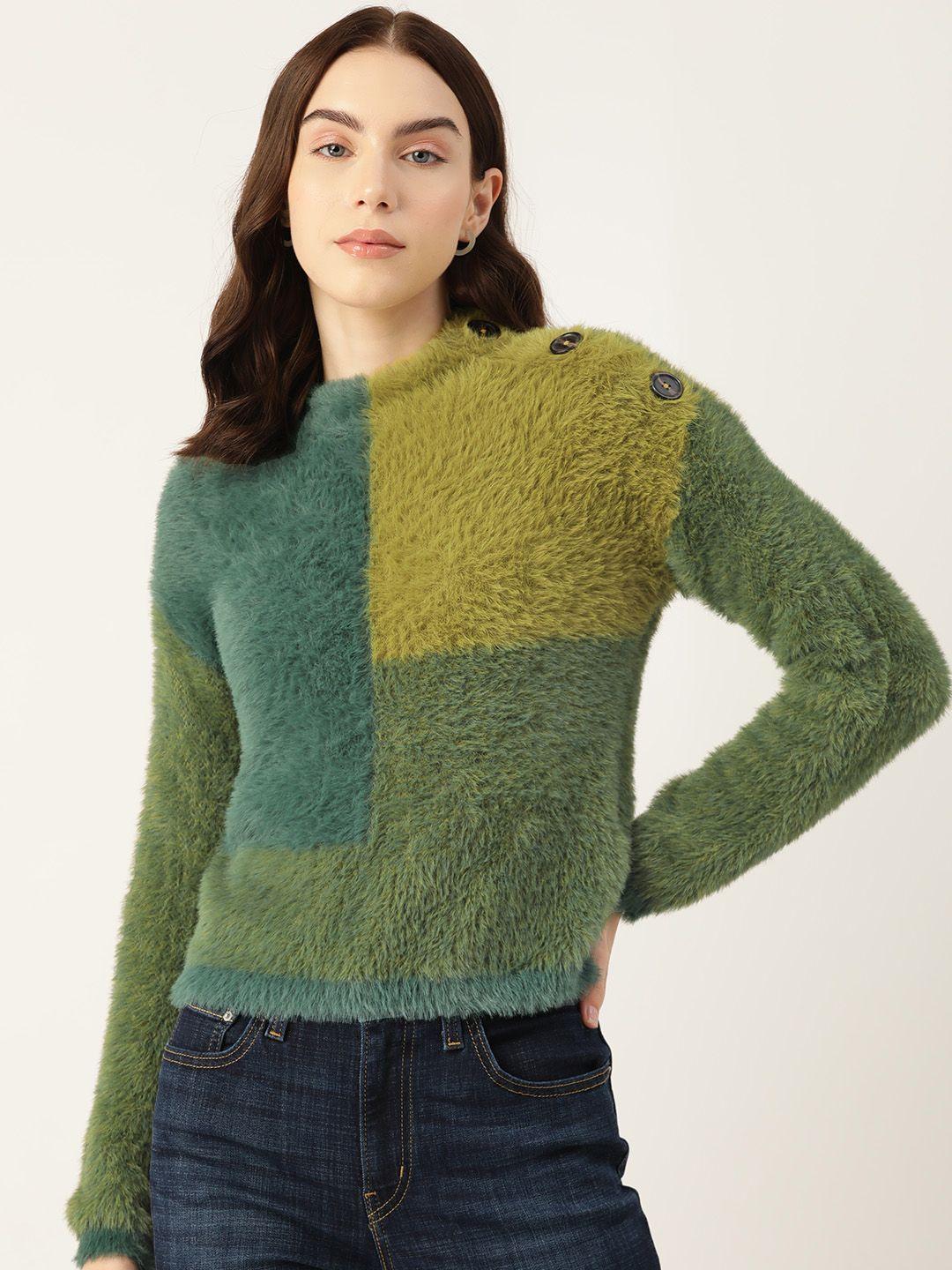 madame women button detail fuzzy colourblocked pullover