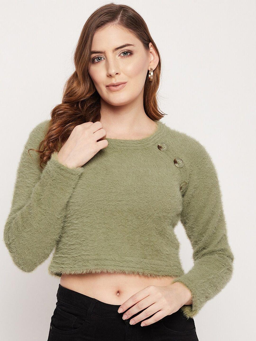 madame women green crop woolen pullover with fuzzy detail