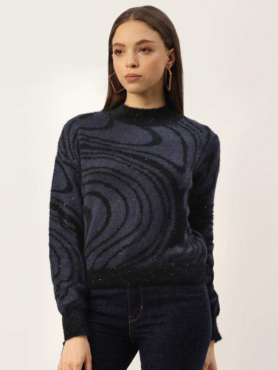 madame women navy blue & black abstract sweater