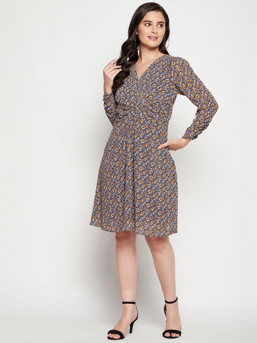 madame women navy blue & yellow polyester floral dress