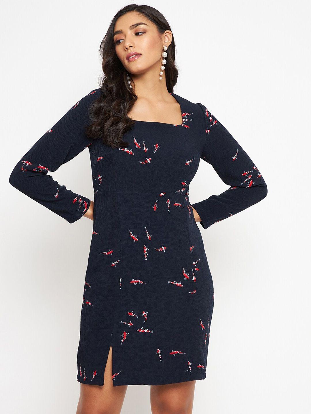 madame women navy blue printed sheath dress