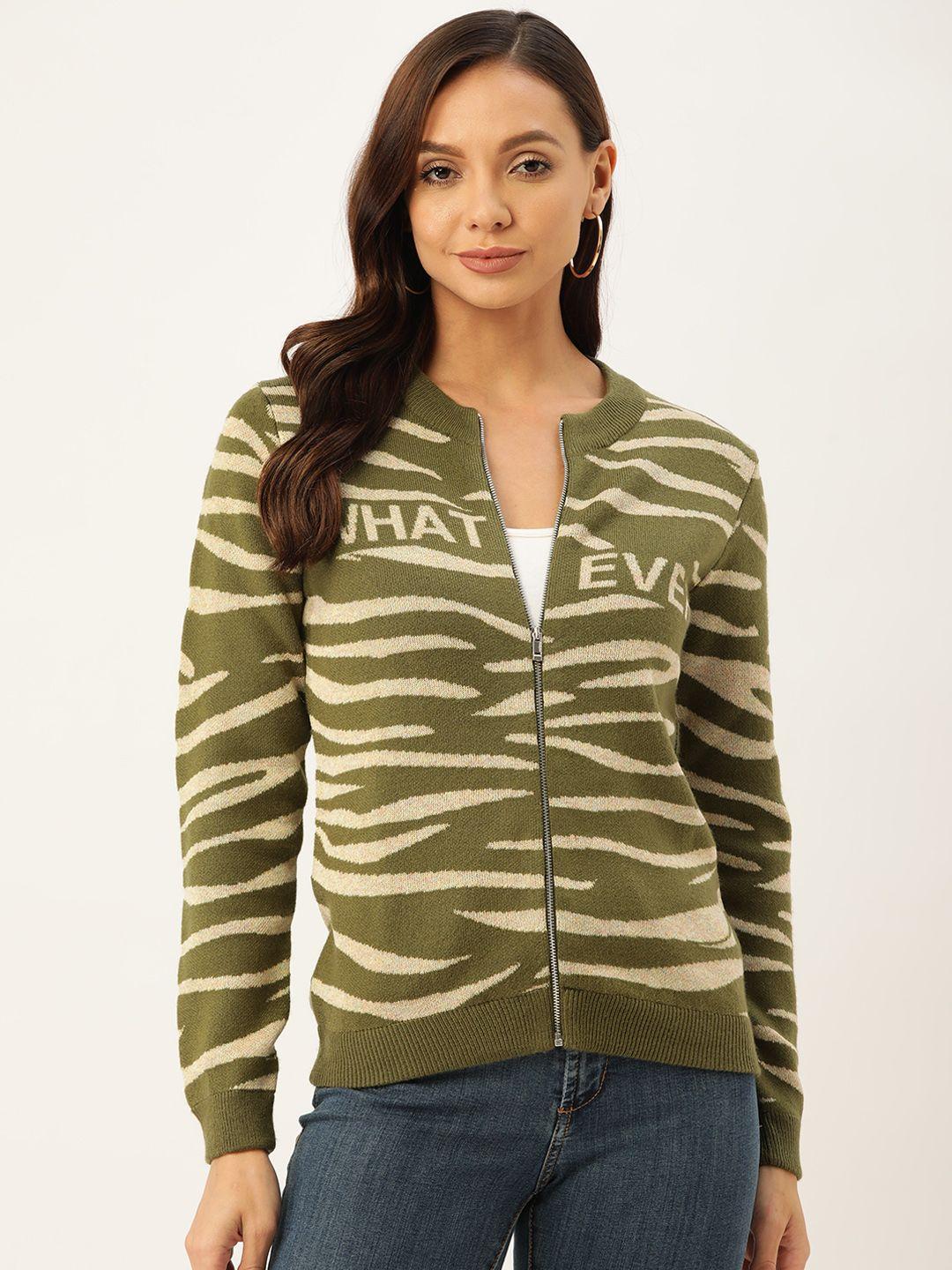 madame women olive green & off white typography cardigan