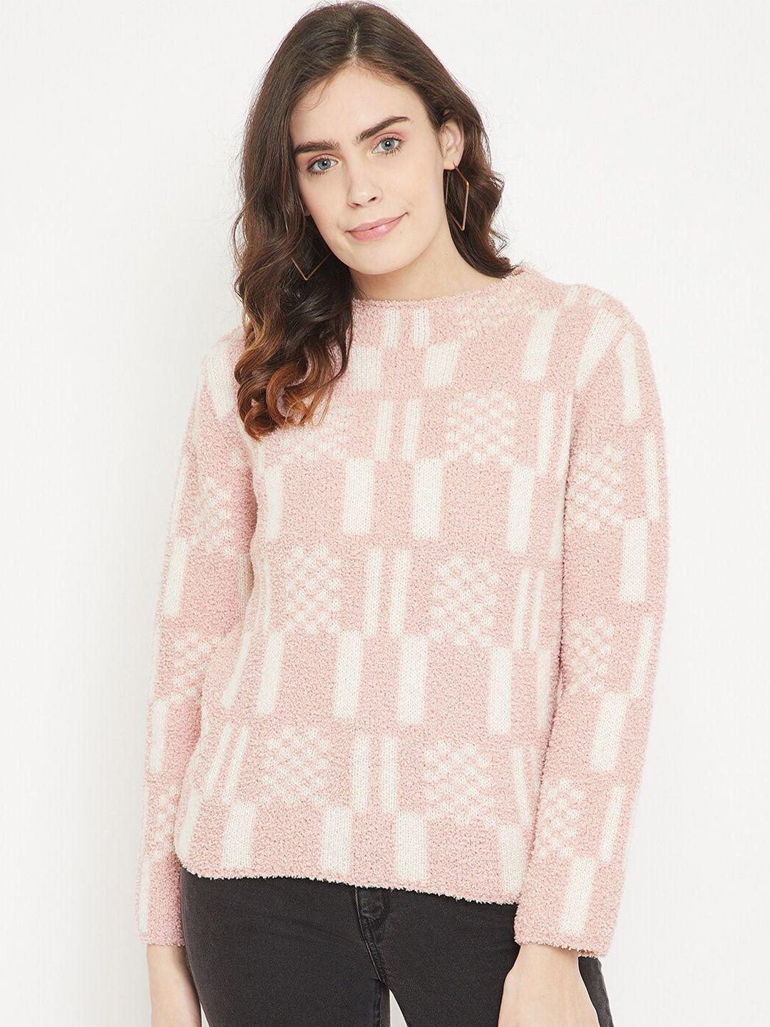 madame women peach-coloured & white printed wool pullover