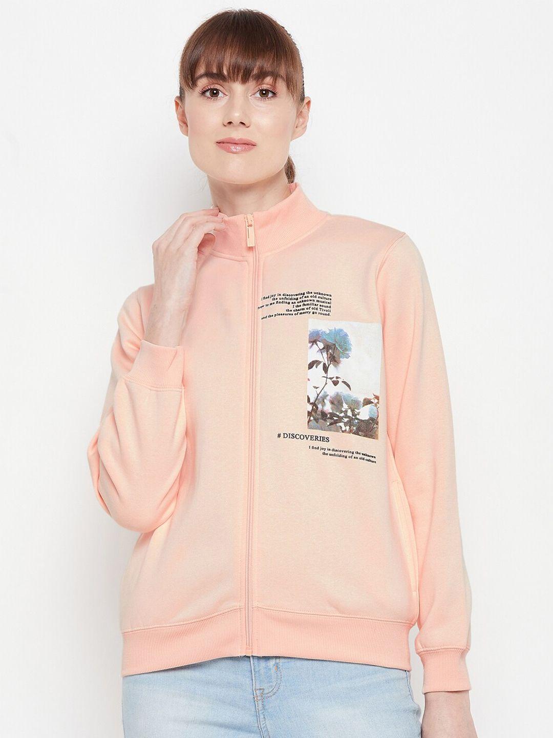madame women peach-coloured printed sweatshirt