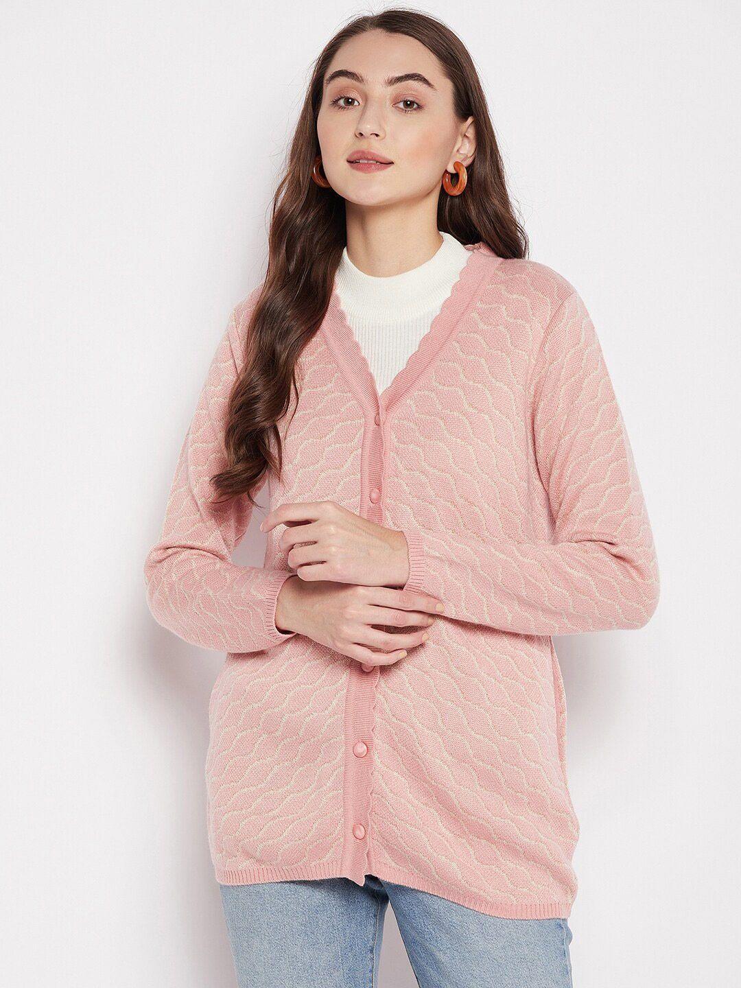 madame women peach-coloured self design wool cardigan sweater