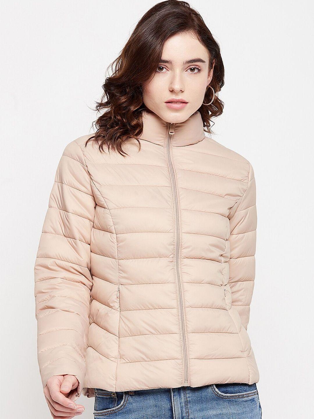 madame women peach-coloured striped puffer jacket