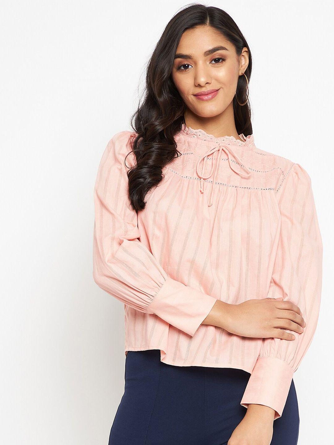 madame women peach-coloured tie-up neck top