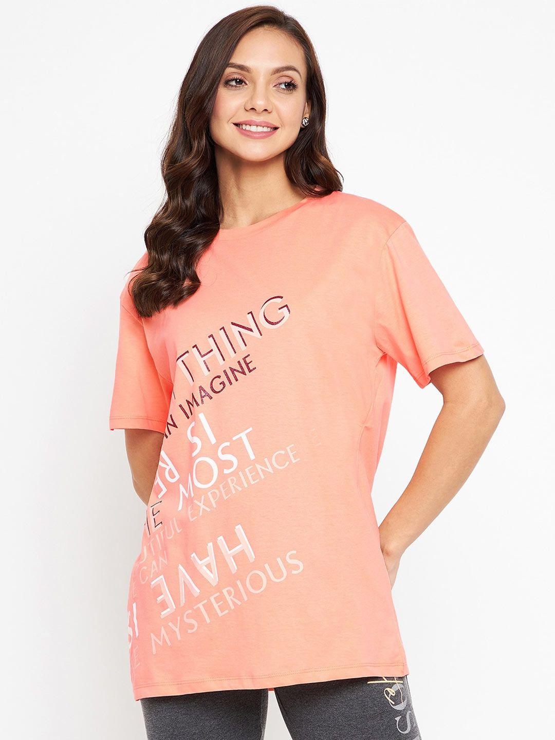 madame women peach-coloured typography printed t-shirt
