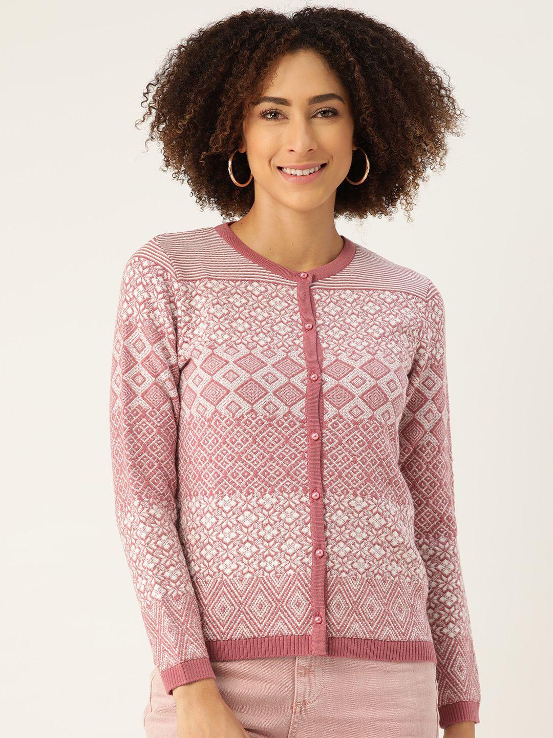 madame women pink & white woven design cardigan sweater