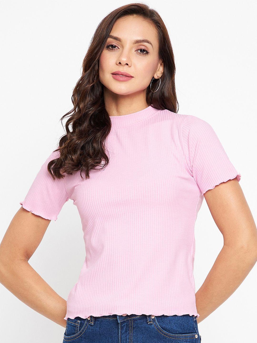 madame women pink solid high neck top