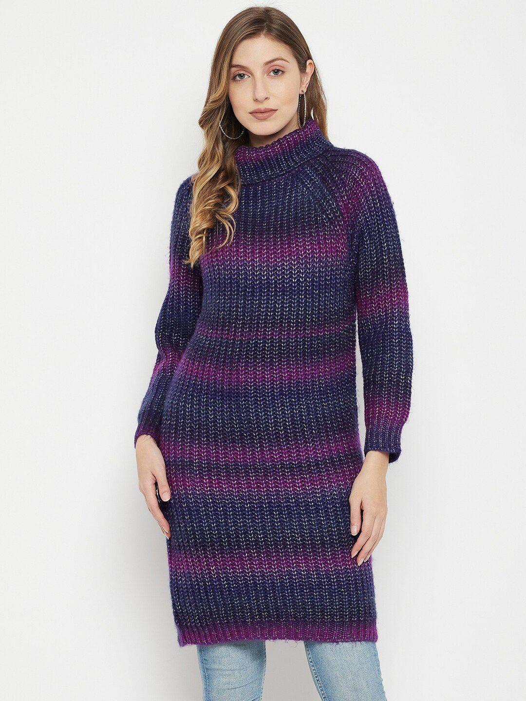 madame women purple & blue striped turtle neck longline pullover