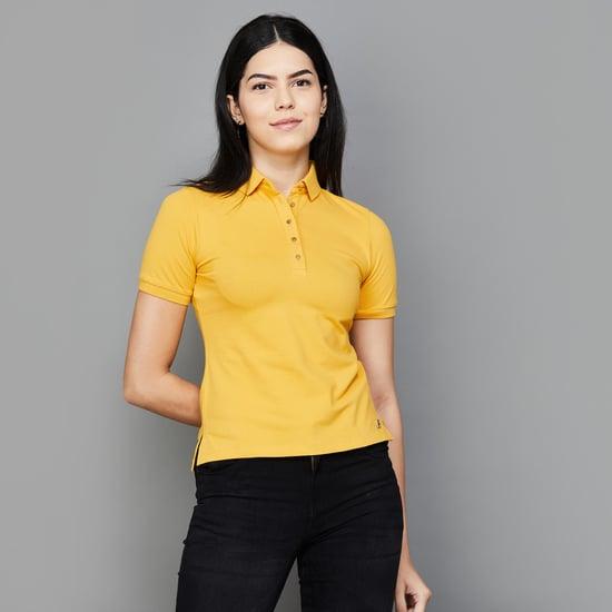 madame women solid regular fit polo t-shirt