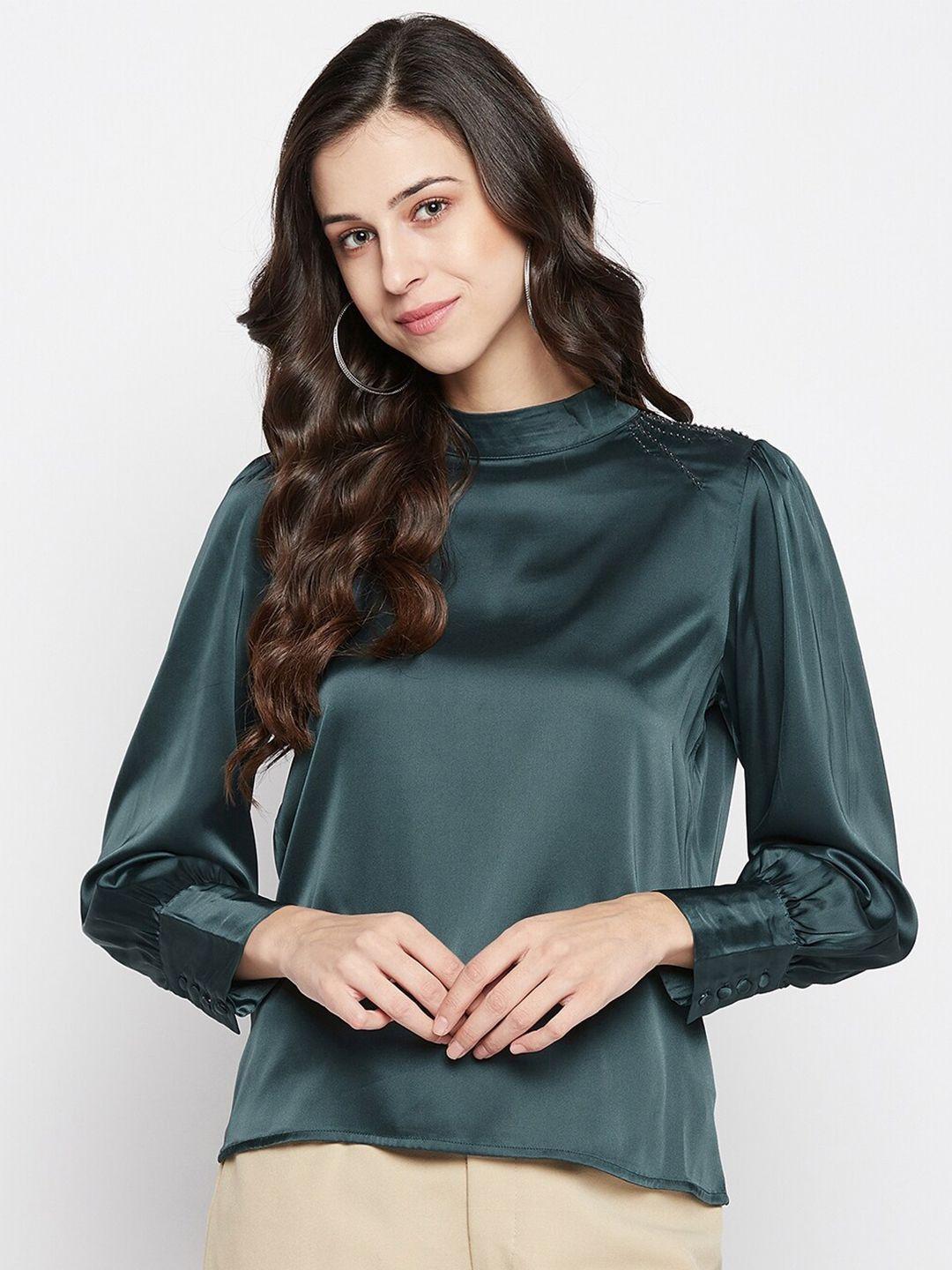 madame women teal green high neck bishop sleeves top