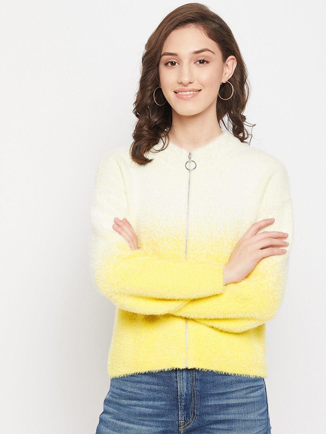 madame women yellow & cream-coloured colourblocked cardigan with fuzzy detail