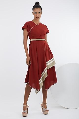 madder red handloom cotton asymmetric midi dress