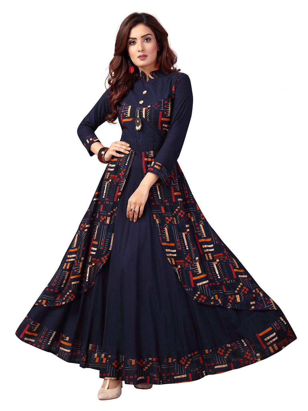 madhuram-navy-blue-&-rust-geometric-printed-layered-ethnic-gown-maxi-dress