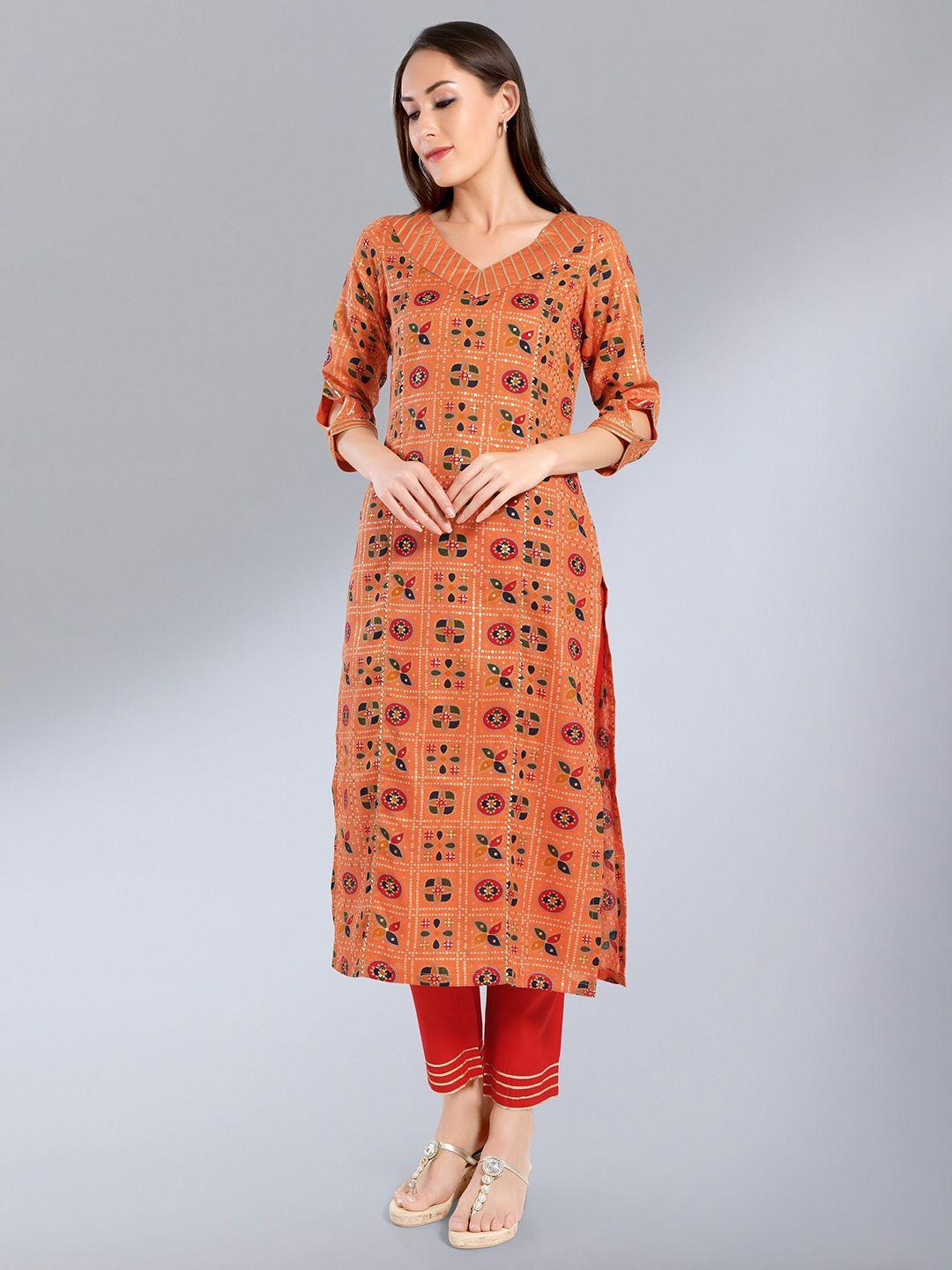 madhuram orange geometric printed v-neck kurti