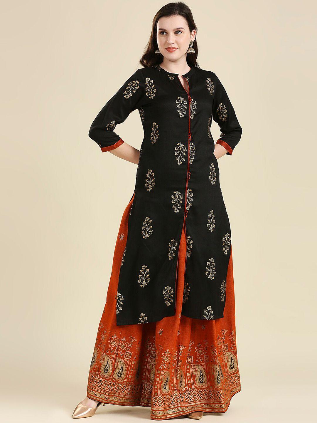 madhuram-women-black-floral-printed-kurta-with-skirt