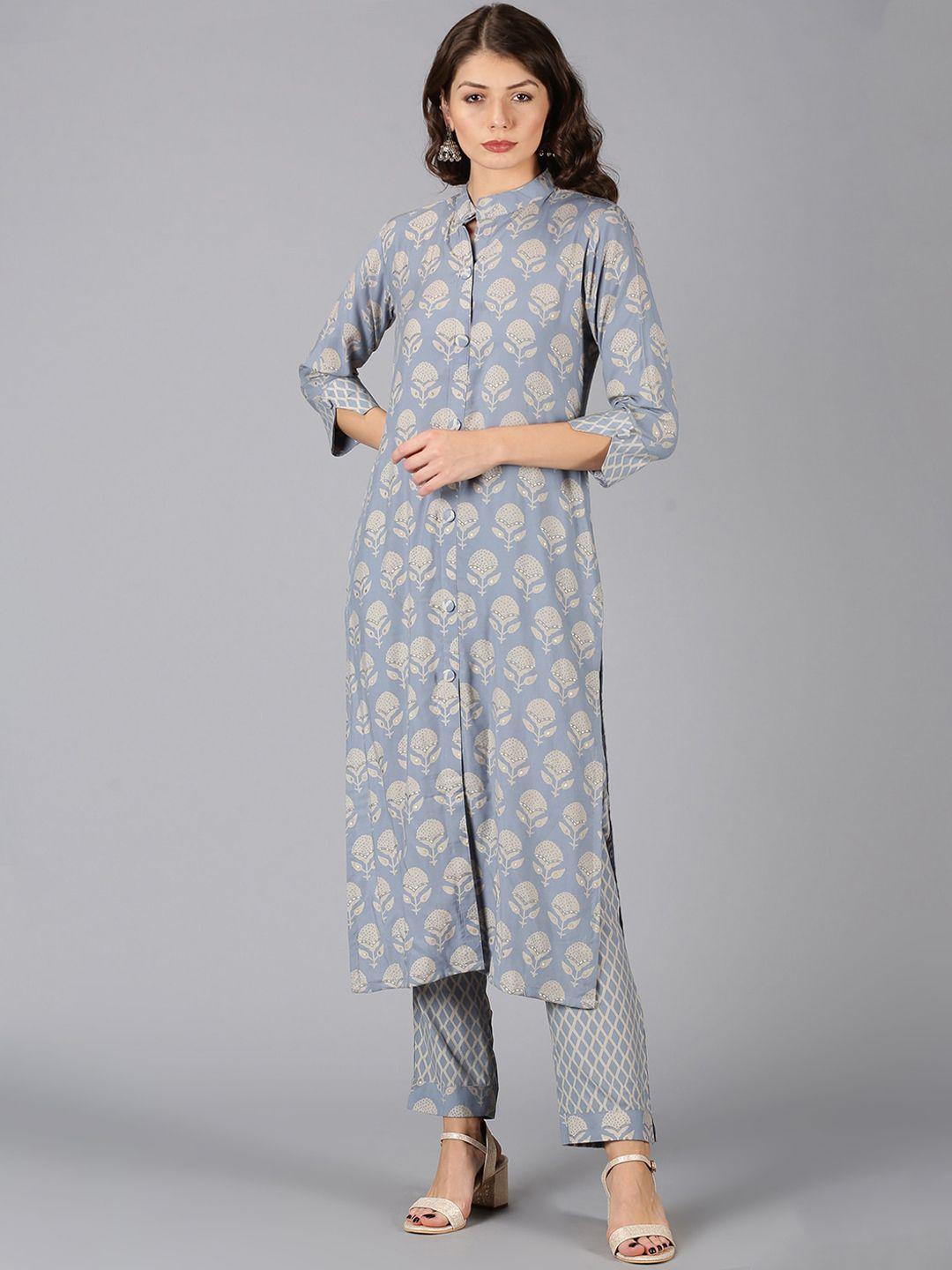 madhuram-women-grey-floral-printed-kurta-set