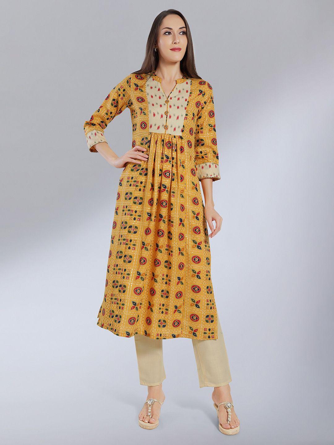 madhuram women mustard yellow geometric printed v-neck anarkali kurti
