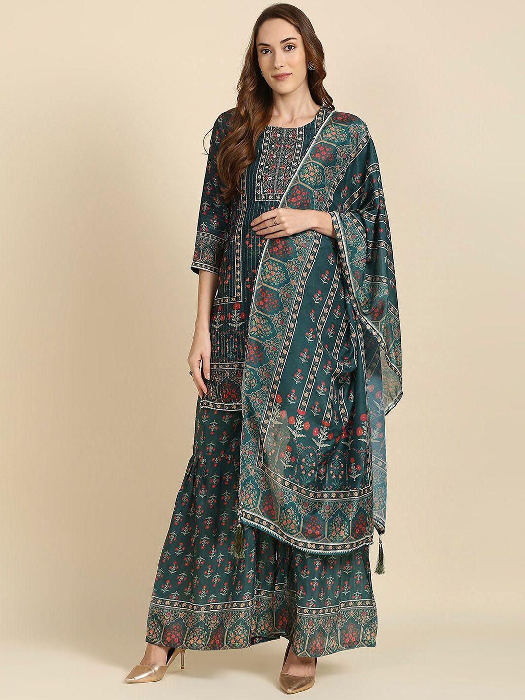 madhuram ethnic motifs printed mirror work kurta with sharara & dupatta