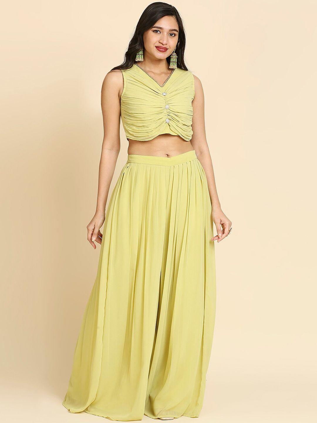 madhuram pleated georgette top with palazzos & jacket