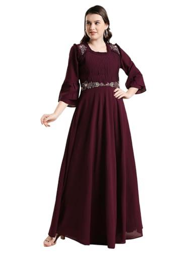 madhuram women and girls fox georgette reffeled boat neck 3/4 sleeves hand work long gown kurti (m-2359 xl) maroon