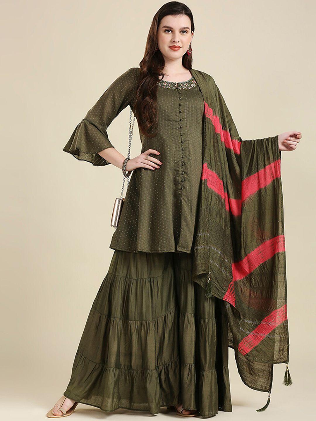 madhuram women green empire aari work chanderi cotton kurta set with dupatta