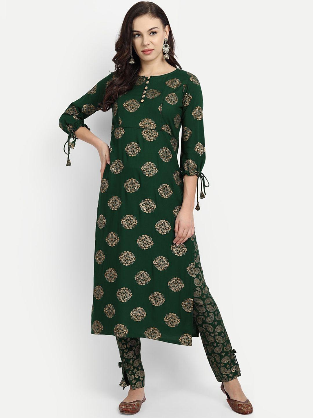 madhuram women green ethnic motifs printed layered kurti with trousers