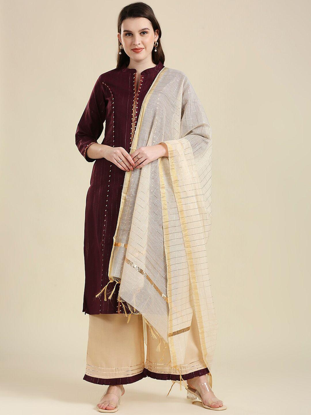 madhuram women maroon striped pure cotton kurta & palazzos with dupatta