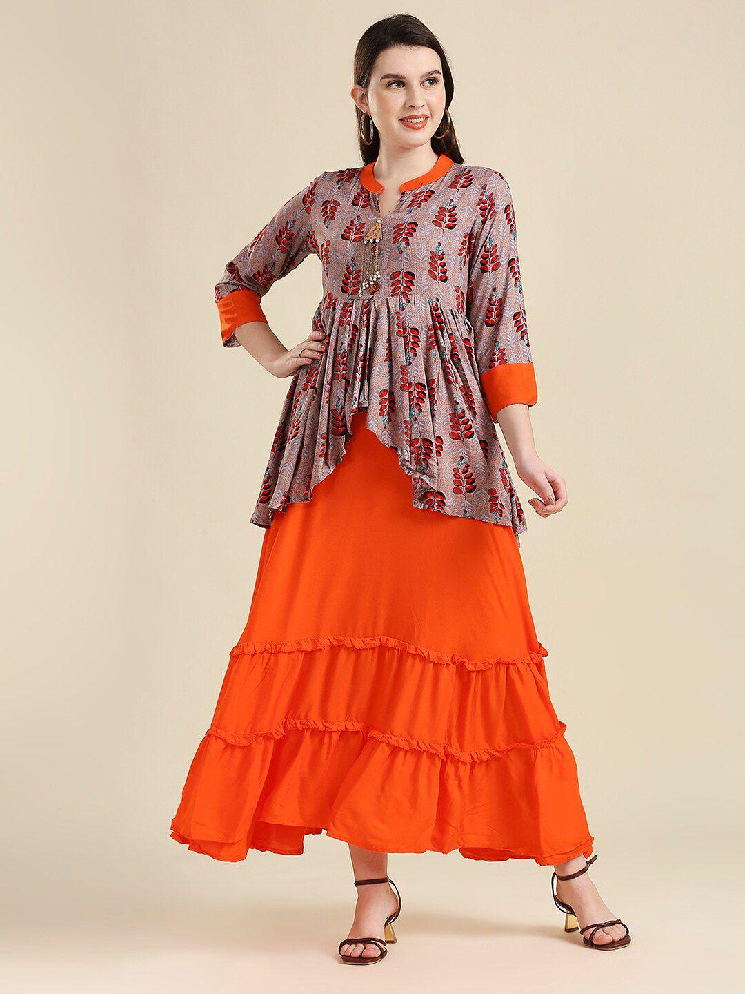 madhuram women orange & mauve ethnic motifs printed anarkali kurta